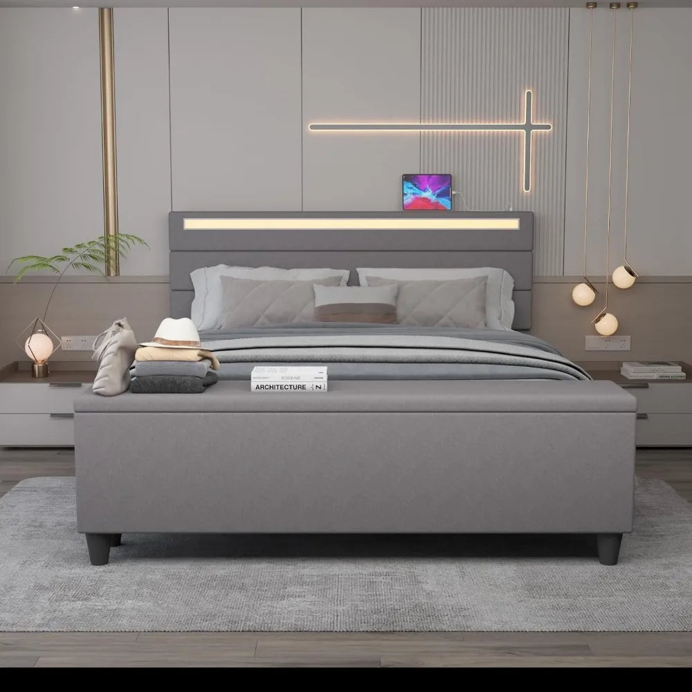 King Size Bed Frame with Ottoman Storage and LED Lights, Upholstered Platform Bed Frame with USB Ports Linen Fabric Headboard