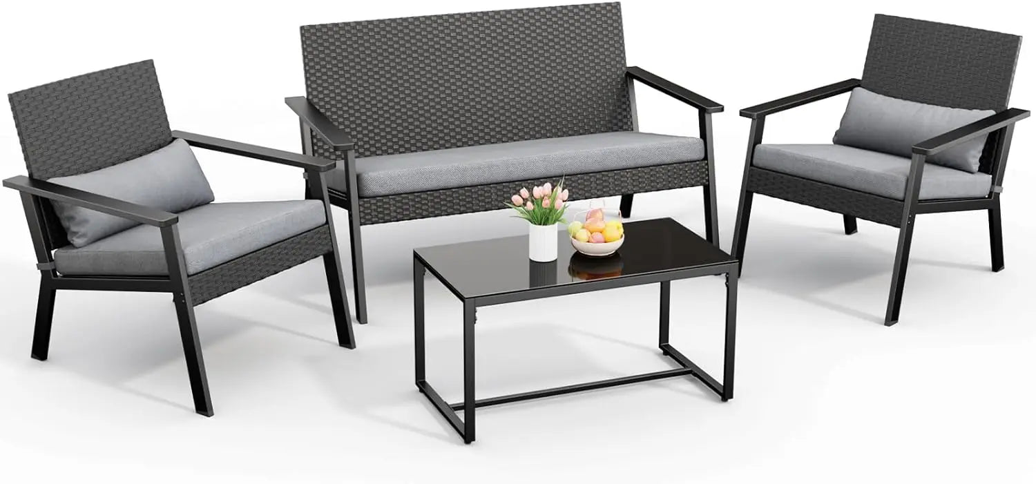4 Piece Outdoor Patio Furniture Set, Wicker Patio Furniture with Glass Coffee Table, Rocking Wicker Bistro Set, for Backyard