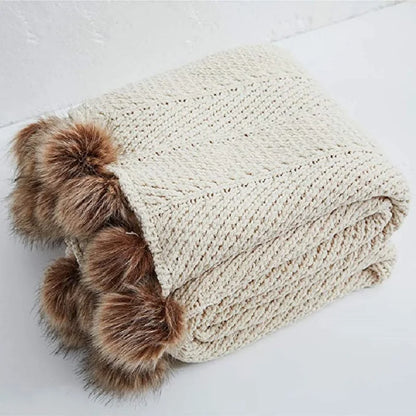 Inyahome Fur Pom Pom Knitted Throw Blanket Super Soft Warm Cozy Cable Knitted Nordic Blanket for Sofa and Couch 51 x 63 Inch