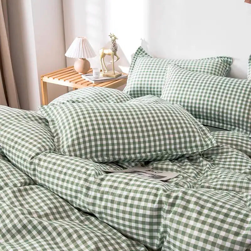 Simple Bedding Set Plaid Sold Color Single Queen Size Duvet Cover No Filling Boys Girls Flat Sheet Pillowcase Kit