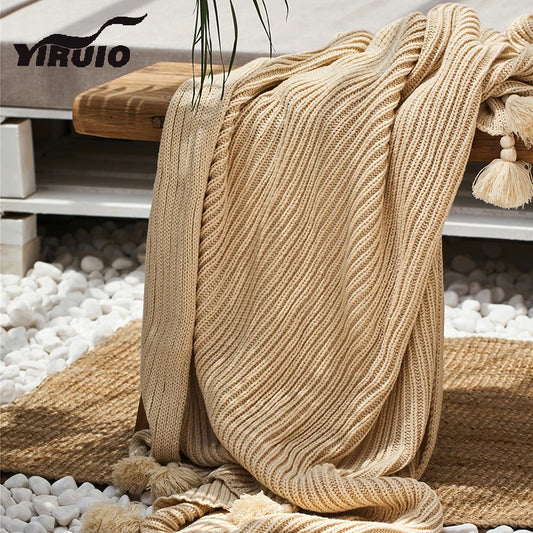 YIRUIO Nordic Kawaii Tassel Cable Knit Blanket Stripe Design Fluffy Warm Wearable Office Car Airplane School Luxury Soft Blanket