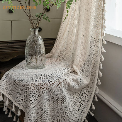 American Solid Rose Crochet Knit Hollowing Curtains with Tassel for Bedroom Drape Semi-shading Curtains In The Living Room