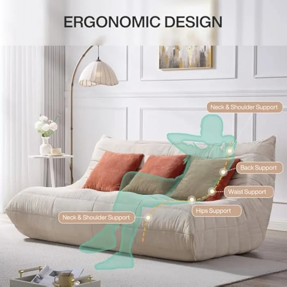 Modern Lazy Floor Togo Sofa, with 3 Pillows, Beige High-density Foam Giant Bean Bag Sofa, Armless 3-seat Comfortable Sofa