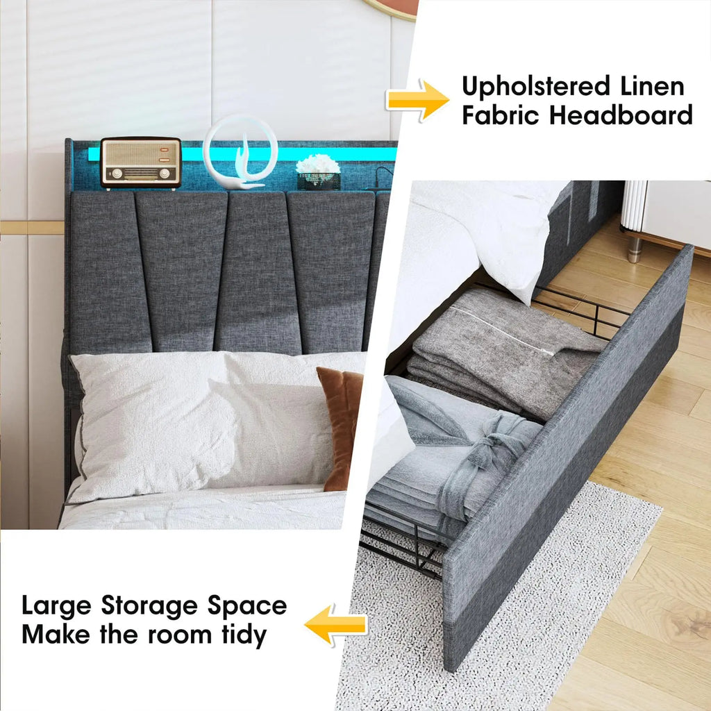 Vabches Queen Bed Frame with Storage Headboard&LED Lights Upholstered Platform Bed Frame with 3 Drawers&Power Outlet for Bedroom