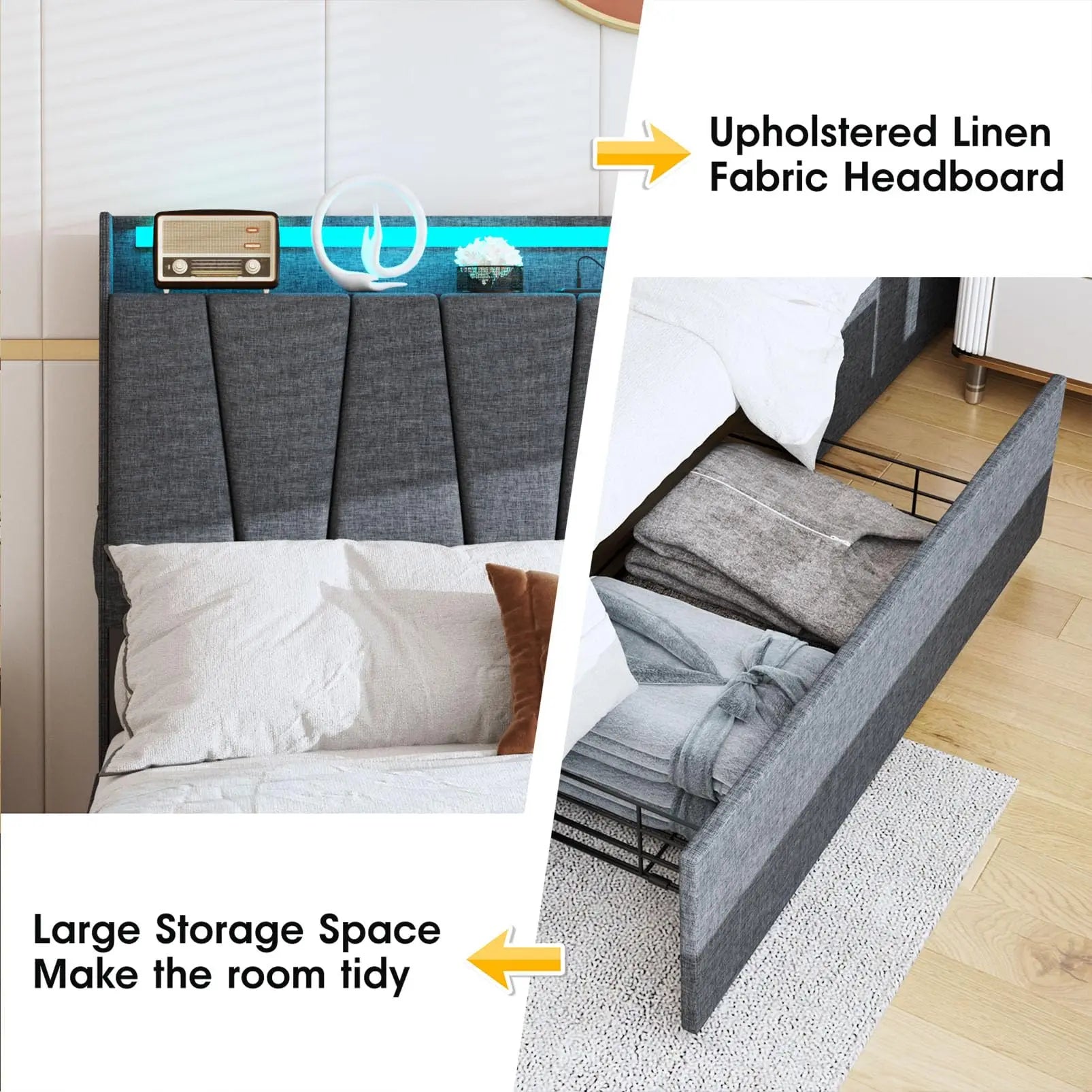Vabches Queen Bed Frame with Storage Headboard&LED Lights Upholstered Platform Bed Frame with 3 Drawers&Power Outlet for Bedroom