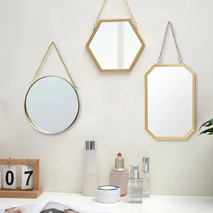 Nordic Style Iron Art Hexagon Shape Cosmetic Mirror Wall Hanging Mirror No-Punch Bathroom Room Makeup Mirror Home Decorative