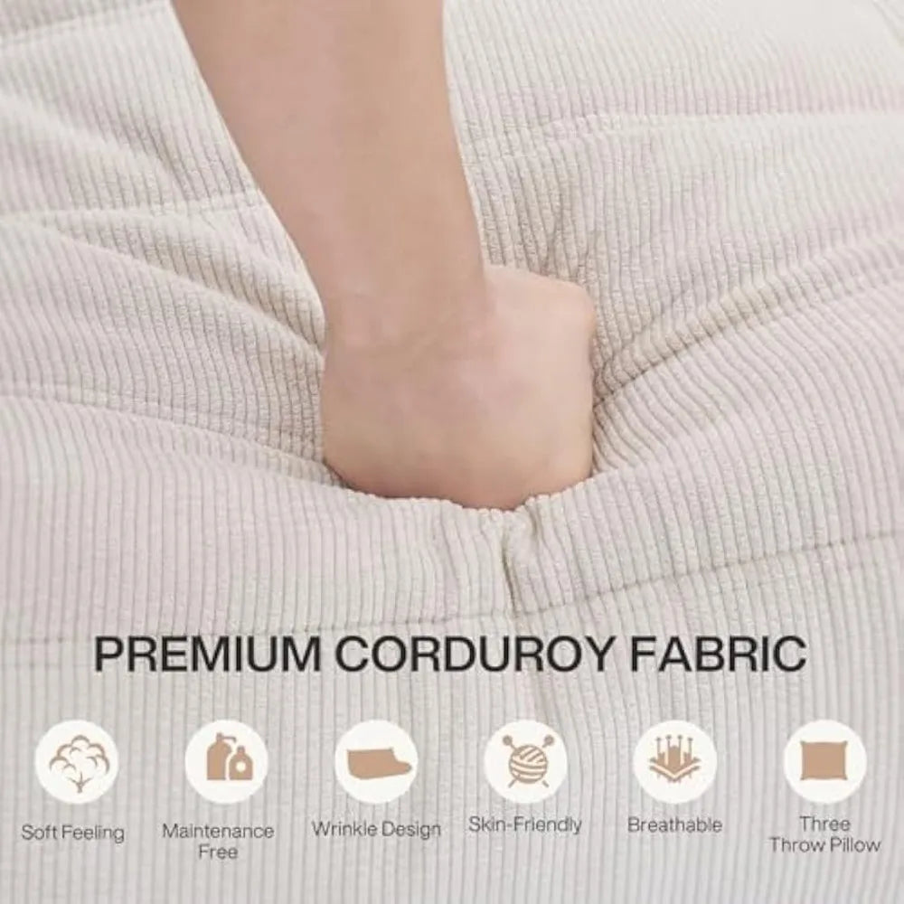 Modern Lazy Floor Togo Sofa, with 3 Pillows, Beige High-density Foam Giant Bean Bag Sofa, Armless 3-seat Comfortable Sofa