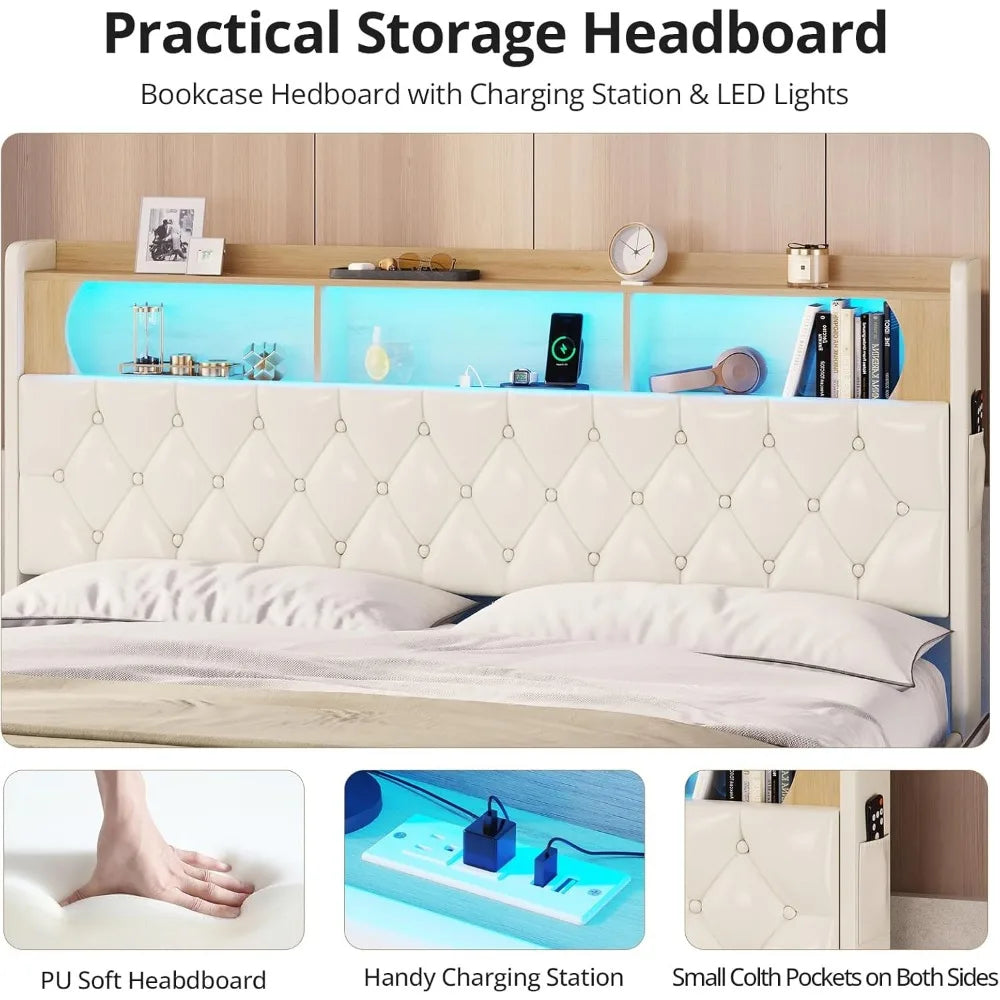 Bed Frame with Storage Headboard & LED Lights &Upholstered Headboard LED Floating Bed with USB-C/A Charging Station