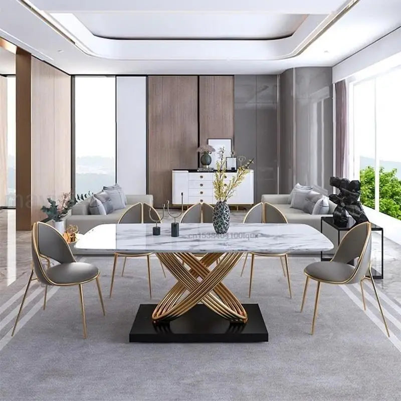 Modern Dining Table With Stainless Steel Finish Black White Desk Top For Six People Home Rectangle Luxury Marble Kitchen Table - LUXHOME