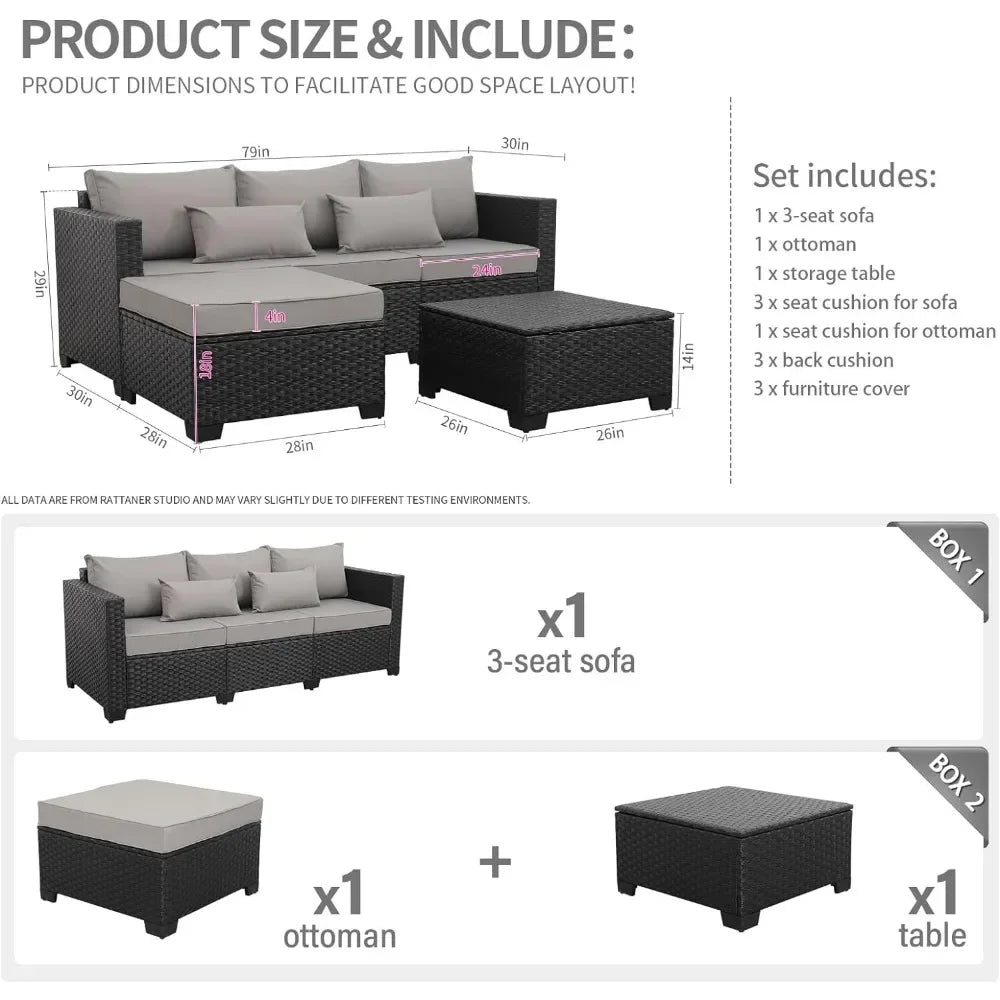 3 Pieces Patio Furniture Set Outdoor Sectional Wicker Patio Furniture Patio Couch with Ottoman and Outdoor Storage Table