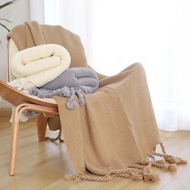 Nordic Knitted Throw Blankets with Tassels Textured Cozy Cable Knit Blankets for Bed Sofa Bedspread Home Decor Farmhouse Gift