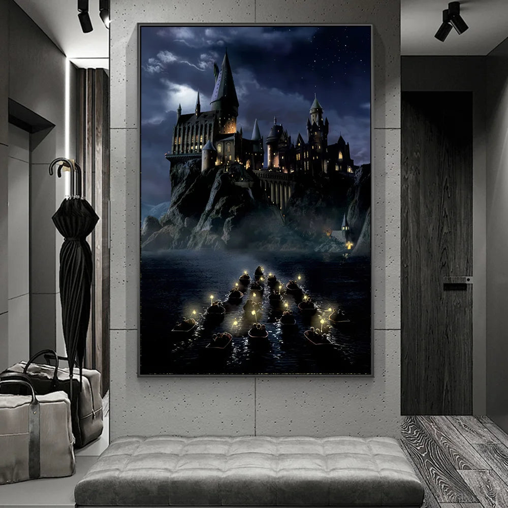 Boats to Hogwarts Magic School Night View Canvas Art Posters and Prints Landscape Painting on the Wall Art Picture Home Decor