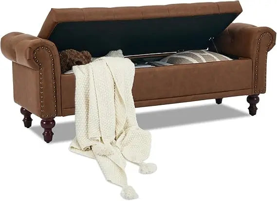 Storage Bench Upholstered Chenille, with Tufted Cushioned Rolled Arm Large Storage Space ,Bedroom Bed Bench Ottoman