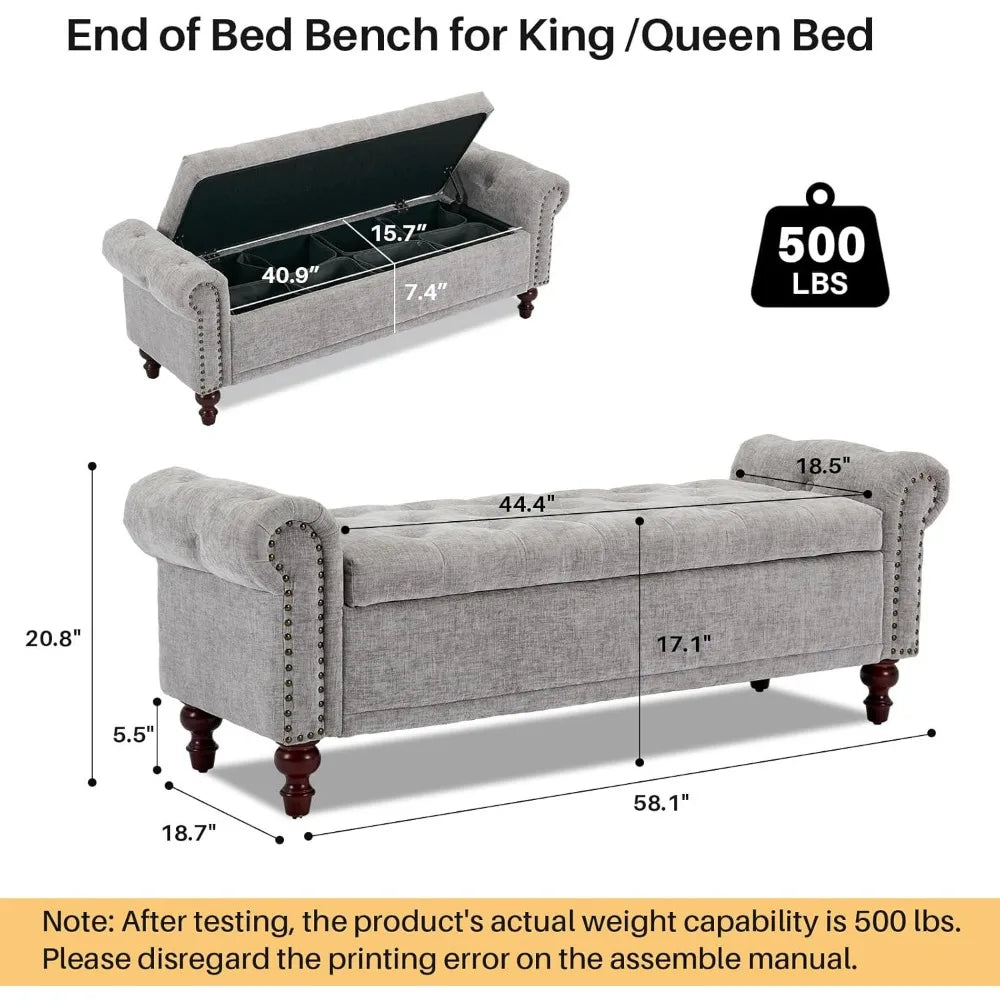 Storage Bench Upholstered Chenille, with Tufted Cushioned Rolled Arm Large Storage Space ,Bedroom Bed Bench Ottoman