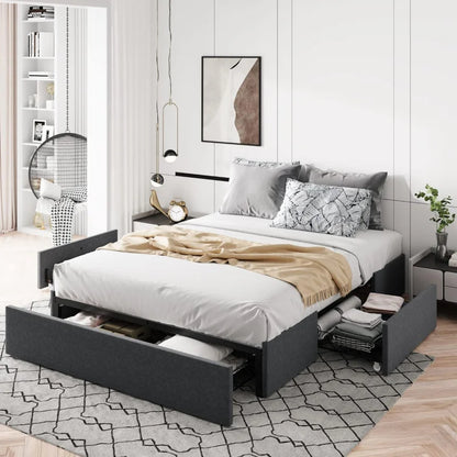 Queen Size Platform Bed Frame With 3 Storage Drawers, Fabric Upholstered, Wooden Slats Support, No Box Spring Needed, No