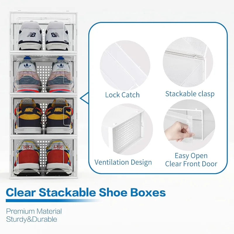 12 Pack Shoe Organizer Storage Bins Clear Plastic Stackable Shoe Boxes for Closet, Space Saving Foldable