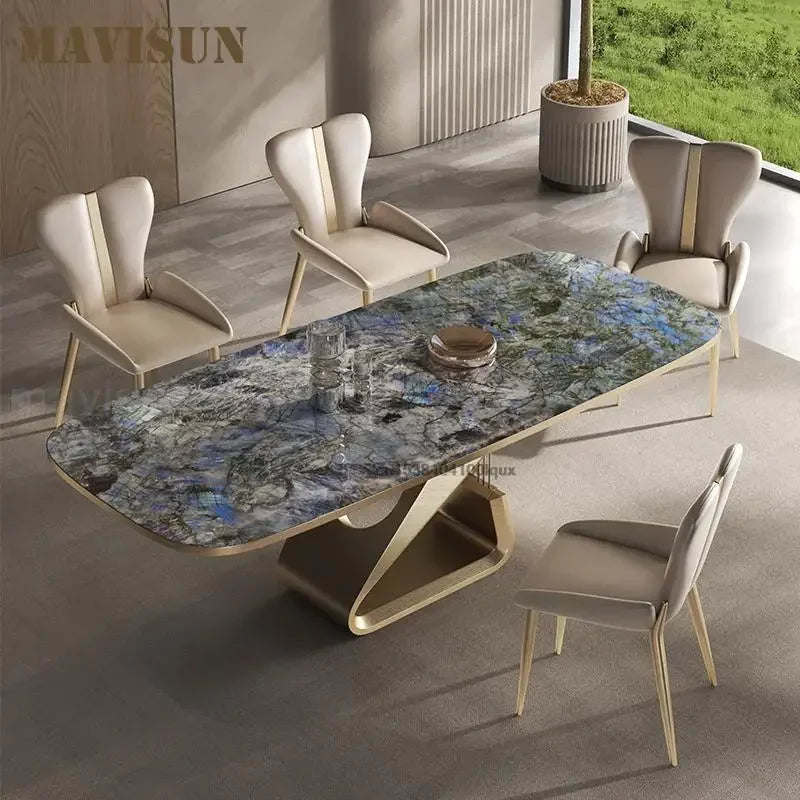 Luxury Marble Kitchen Tables Six Chair In Blue Design SquareTable Frame Panel Countertop White Dining Room Sets Home Furniture - LUXHOME