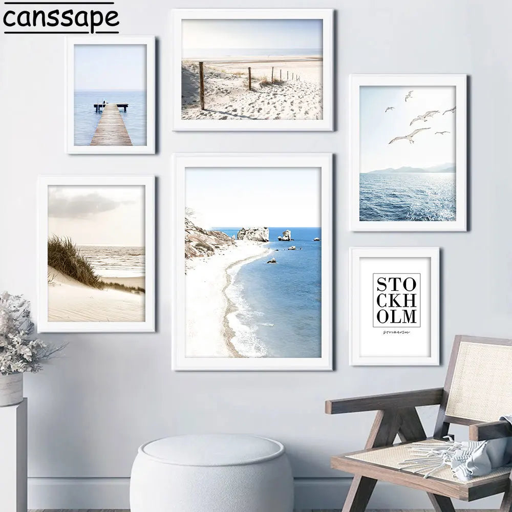 Blue Sea Print Posters Seagull Wall Art Beach Reed Canvas Pictures Seascape Art Prints Nordic Poster Living Bedroom Decoration