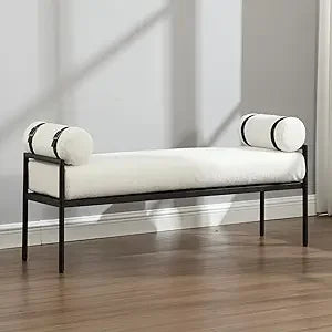 Modern 55" End of Bed Bench Long King Upholstered Chenille Ottoman Bench with Arms & Detachable Strappy Pillows for Bedroom Ent