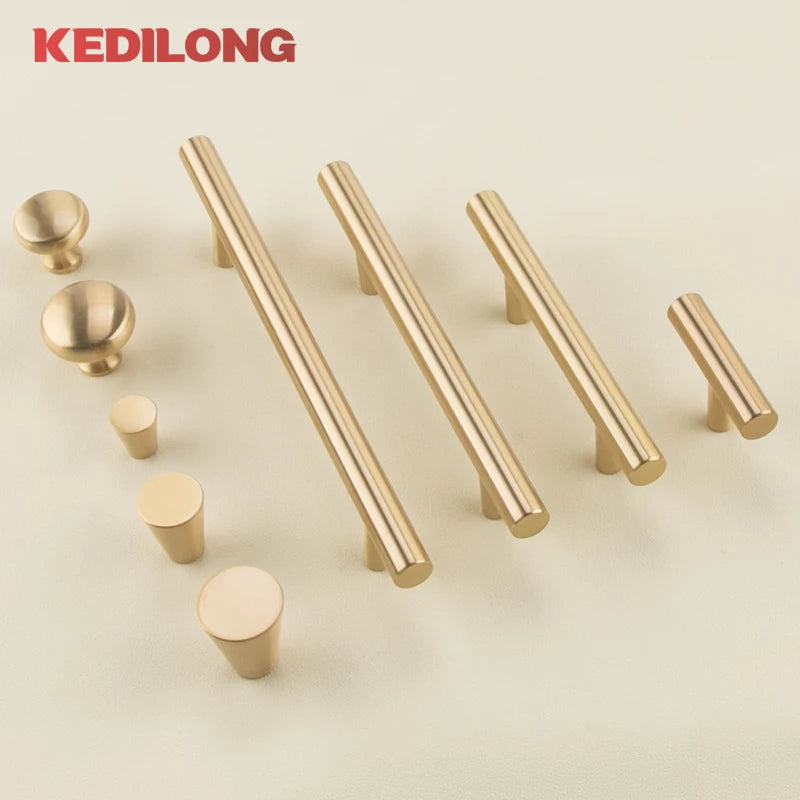 European style minimalist solid brass cabinet pull handle classical light luxury drawer gold knob cabinet door long handle - LUXHOME