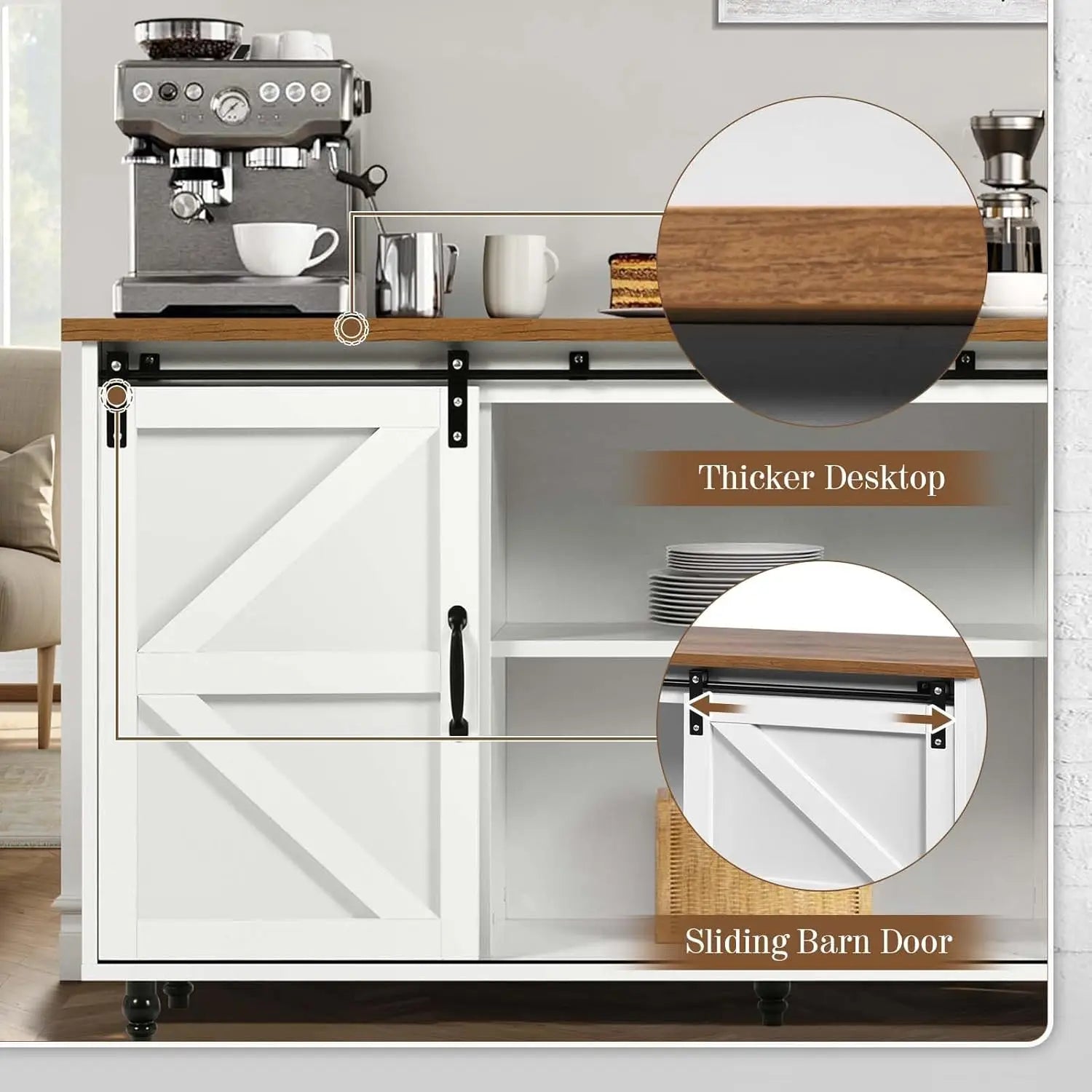 Farmhouse Coffee Bar Cabinet with Storage, 58'' Buffet Cabinet with Sliding Barn Door, White Coffee Bar Table with Woo
