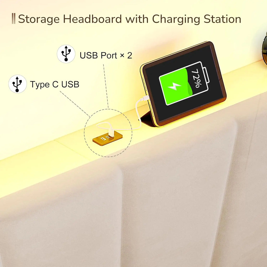 Velvet Headboard and LED Lights， Storage Headboard Platform Bed with Charging Station，King Size Bed Frame
