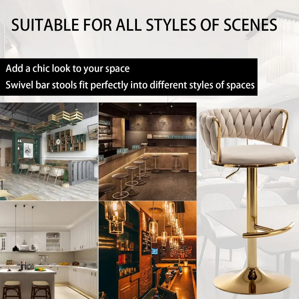 Gold Velvet Bar Stools Set of 4, Counter Height BarStools with Low Back, Swivel Bar Stool for Kitchen Island, Bar Pub (Beige)