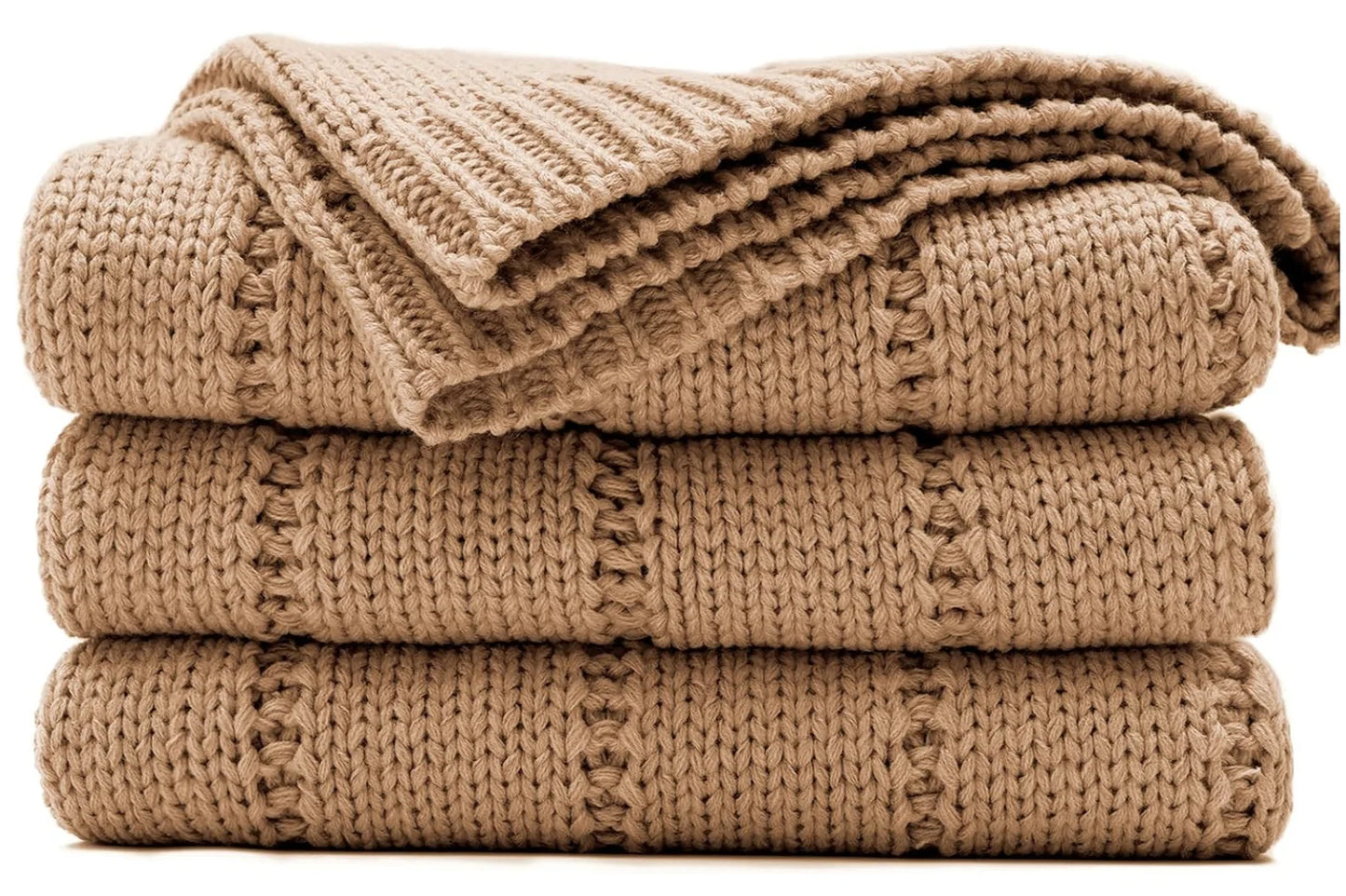 Cable Knit Light Brown Throw Blanket Twin Size for Couch, Super Soft Warm Cozy Decorative Knitted Throw Blanket 3.6LB for Bed