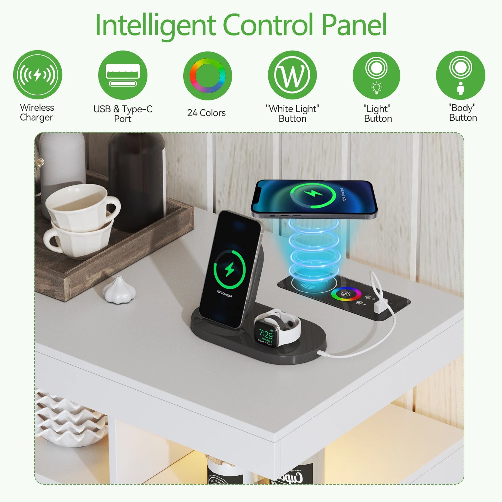 LED Buffet Cabinet 40”W with Wireless Charging Station,Auto Sensor RGB 20-Color Dimmable Sideboard