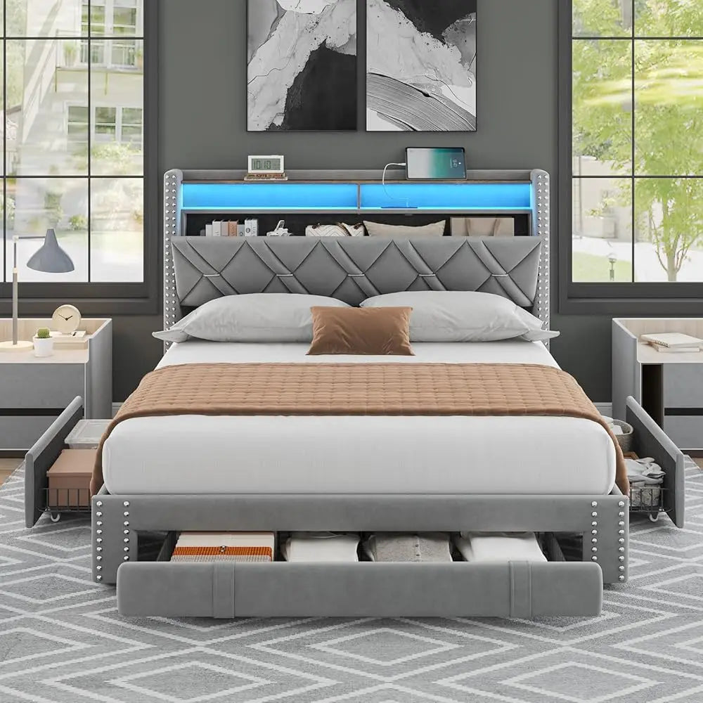 Upholstered Platform Bed With LED Lights & 3 Storage Drawers