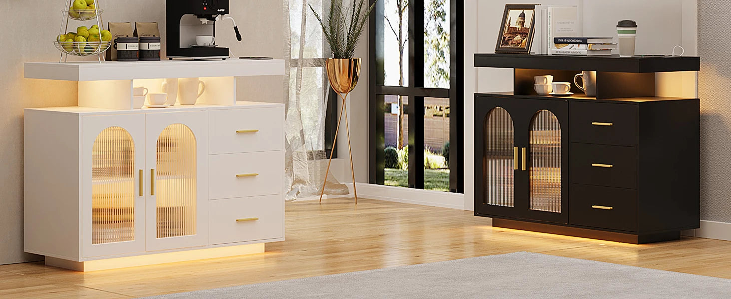 LED Buffet Cabinet 40”W with Wireless Charging Station,Auto Sensor RGB 20-Color Dimmable Sideboard