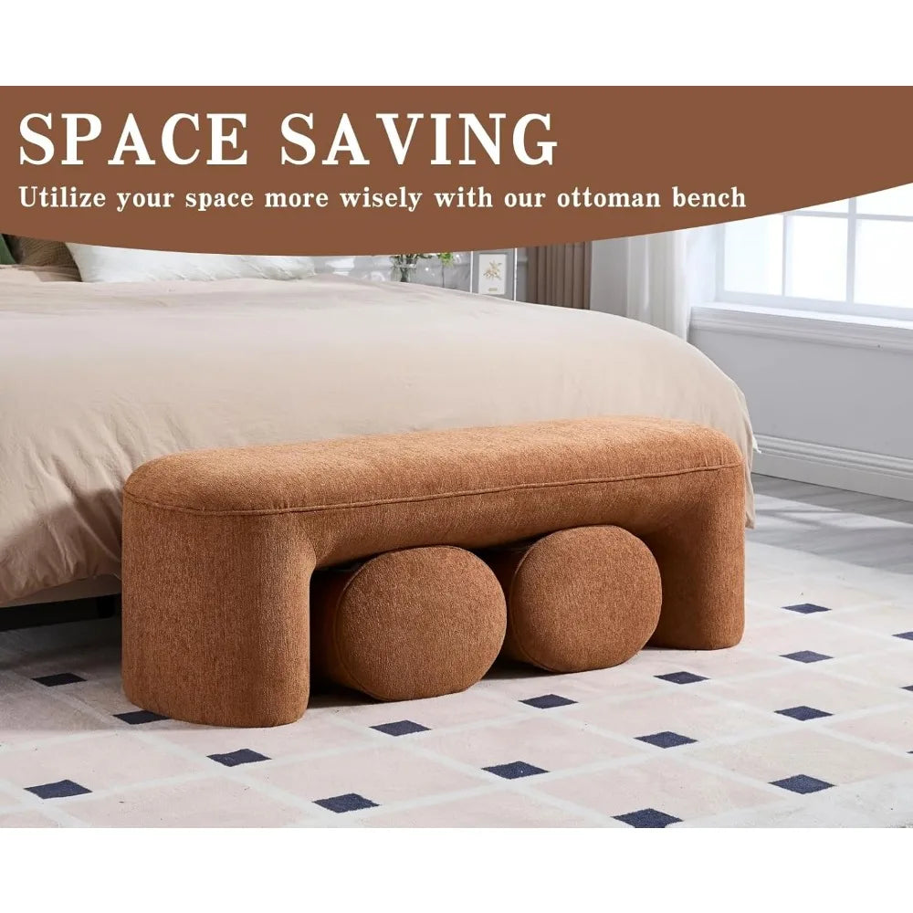 Ottoman Bench 53 Inch Long Bedroom Bench with 2 Small Stools Chenille Padded Entryway Bench Set of 3 Comfy Upholstered