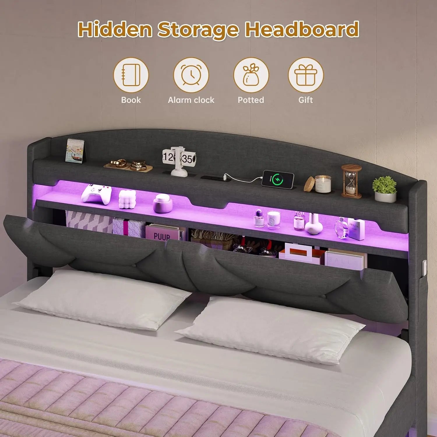 Floating Queen Bed Frame with Charging Station & Hidden Storage Headboard, RGB Floating Platform Bed Dark Grey