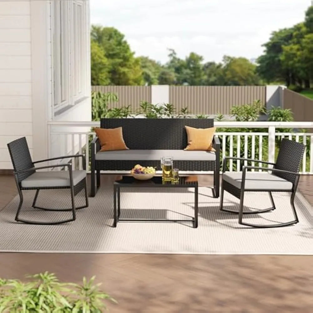 4 Piece Outdoor Patio Furniture Set, Wicker Patio Furniture with Glass Coffee Table, Rocking Wicker Bistro Set, for Backyard