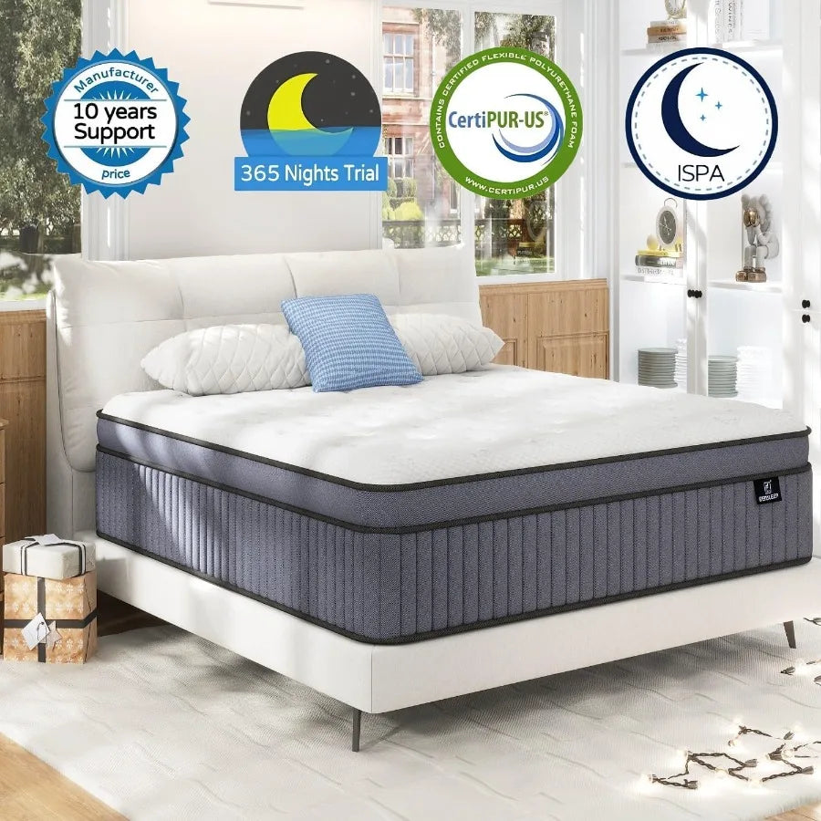 Queen Hybrid 14”H Firm Mattress in A Box with Gel Memory Foam and Pocket Springs Zone Pressure Relief