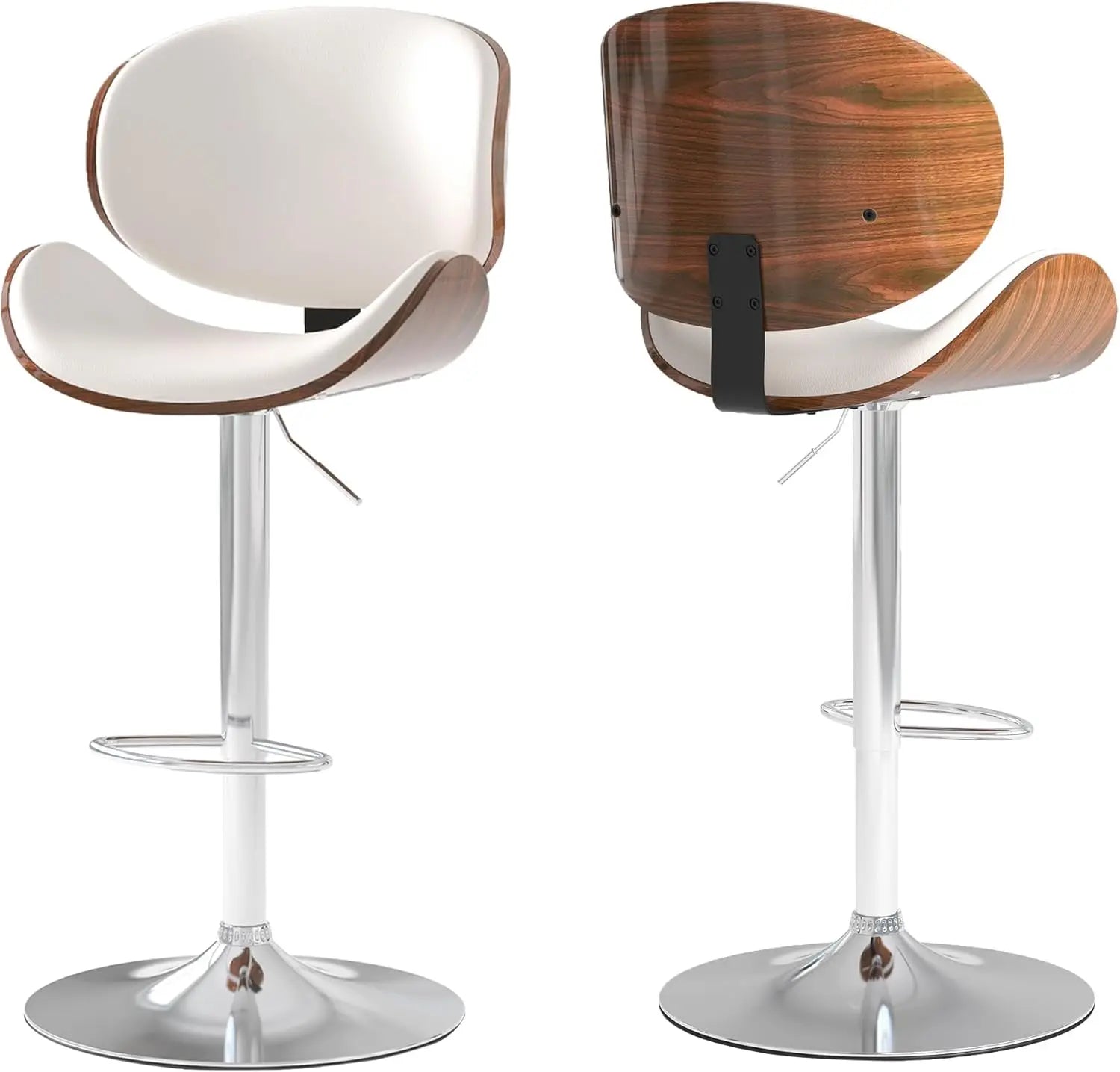 Set of 2, Swivel Adjustable Height Barstools, PU Leather Upholstered Bar Chairs with Footrest, Bentwood Bar Stool for Kitchen