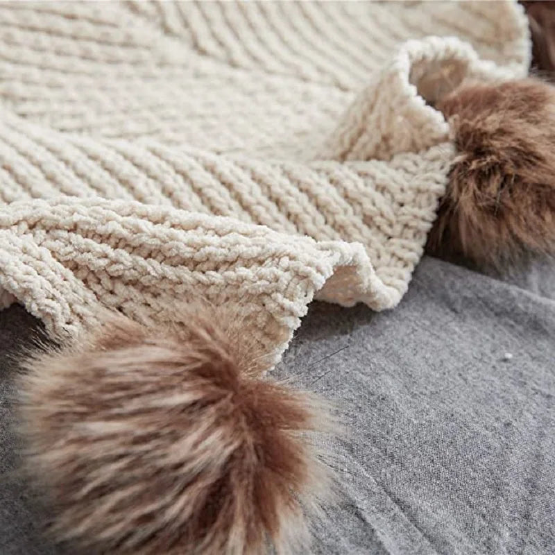 Inyahome Fur Pom Pom Knitted Throw Blanket Super Soft Warm Cozy Cable Knitted Nordic Blanket for Sofa and Couch 51 x 63 Inch