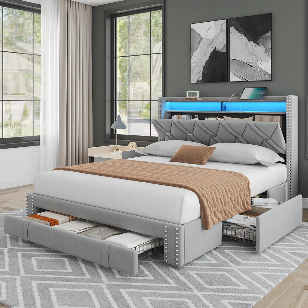 Upholstered Platform Bed With LED Lights & 3 Storage Drawers