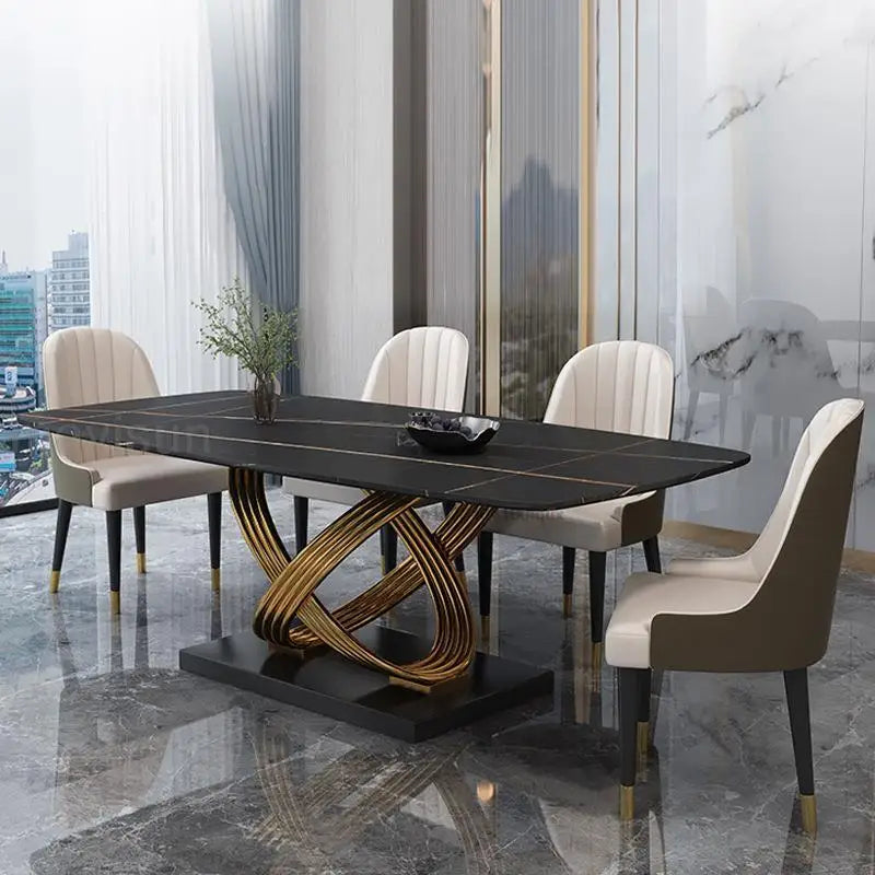 Modern Dining Table With Stainless Steel Finish Black White Desk Top For Six People Home Rectangle Luxury Marble Kitchen Table - LUXHOME