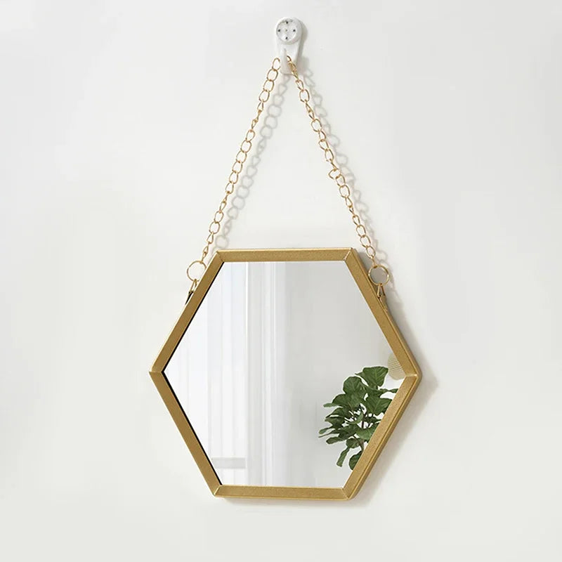 Nordic Style Iron Art Hexagon Shape Cosmetic Mirror Wall Hanging Mirror No-Punch Bathroom Room Makeup Mirror Home Decorative