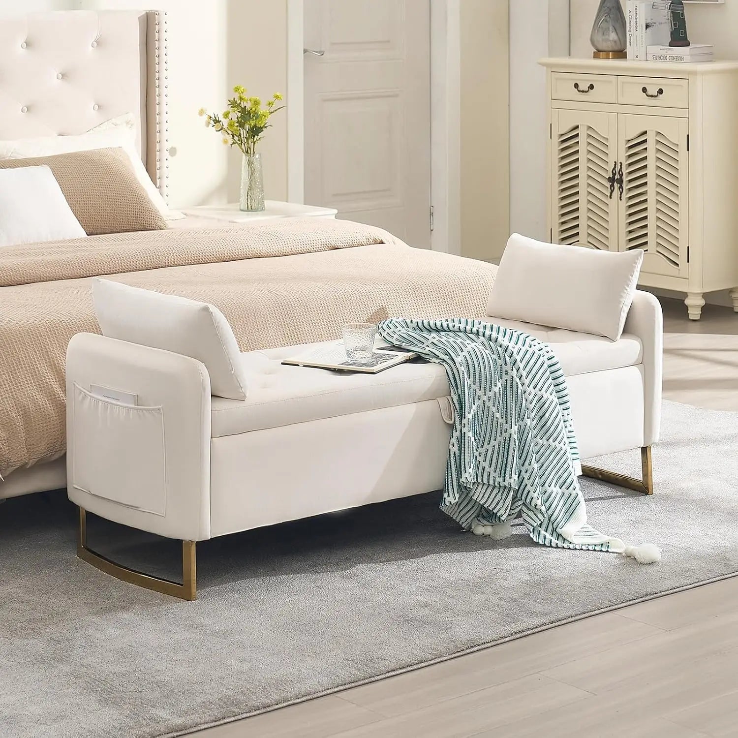 67" Storage Ottoman Bench, End of Bed King Size Bench | Tufted Button Upholstery with Gold Legs for Bedroom, Living Room