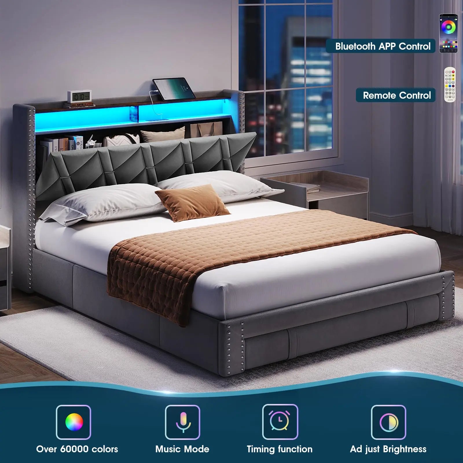 Upholstered Platform Bed With LED Lights & 3 Storage Drawers