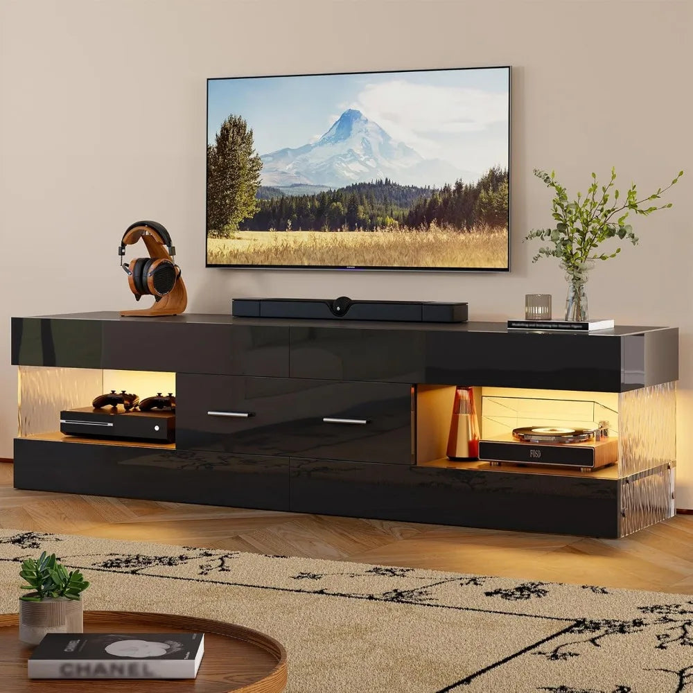 Black TV Stand for 55/60/65 Inch TV, High Gloss Modern TV Stand with Stone-Patterned Side Panels, LED Entertainment Cent