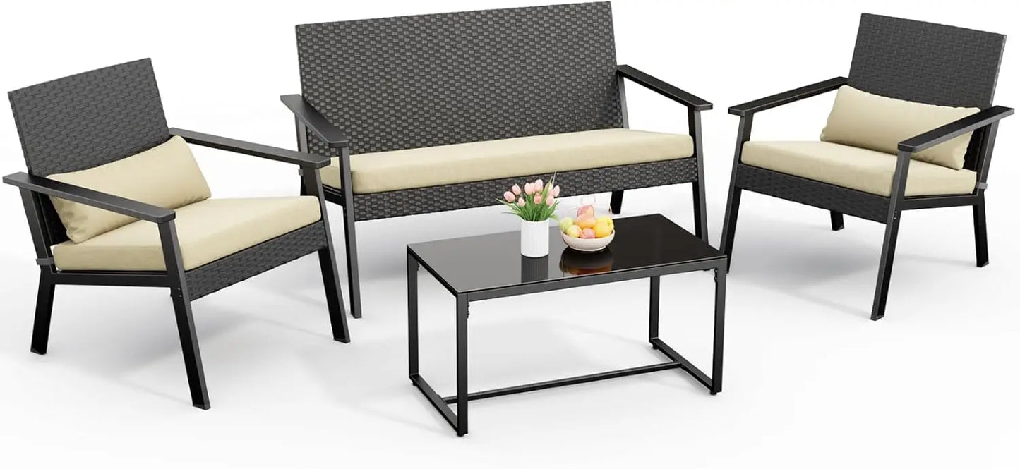4 Piece Outdoor Patio Furniture Set, Wicker Patio Furniture with Glass Coffee Table, Rocking Wicker Bistro Set, for Backyard