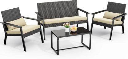 4 Piece Outdoor Patio Furniture Set, Wicker Patio Furniture with Glass Coffee Table, Rocking Wicker Bistro Set, for Backyard