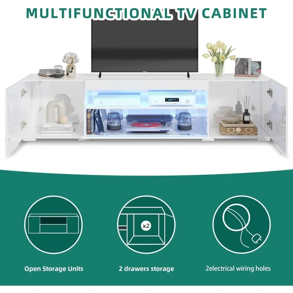 Modern LED Entertainment Center with Large Storage Drawers, High Gloss Front Wood TV Cabinet Media Console