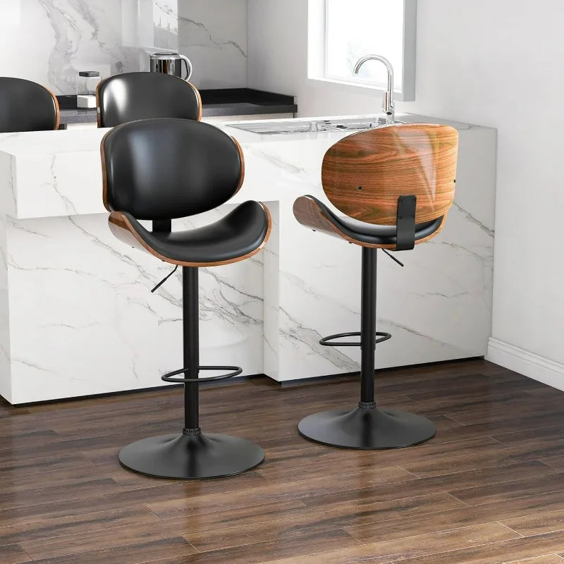 Set of 2, Swivel Adjustable Height Barstools, PU Leather Upholstered Bar Chairs with Footrest, Bentwood Bar Stool for Kitchen
