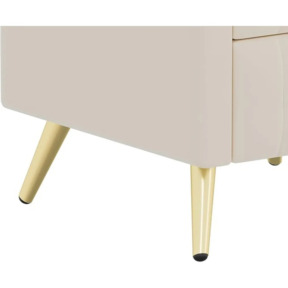 3-drawer Bedside Table with Metal Legs and Handles, Cushioned Bedside Table with Artificial Marble Countertop