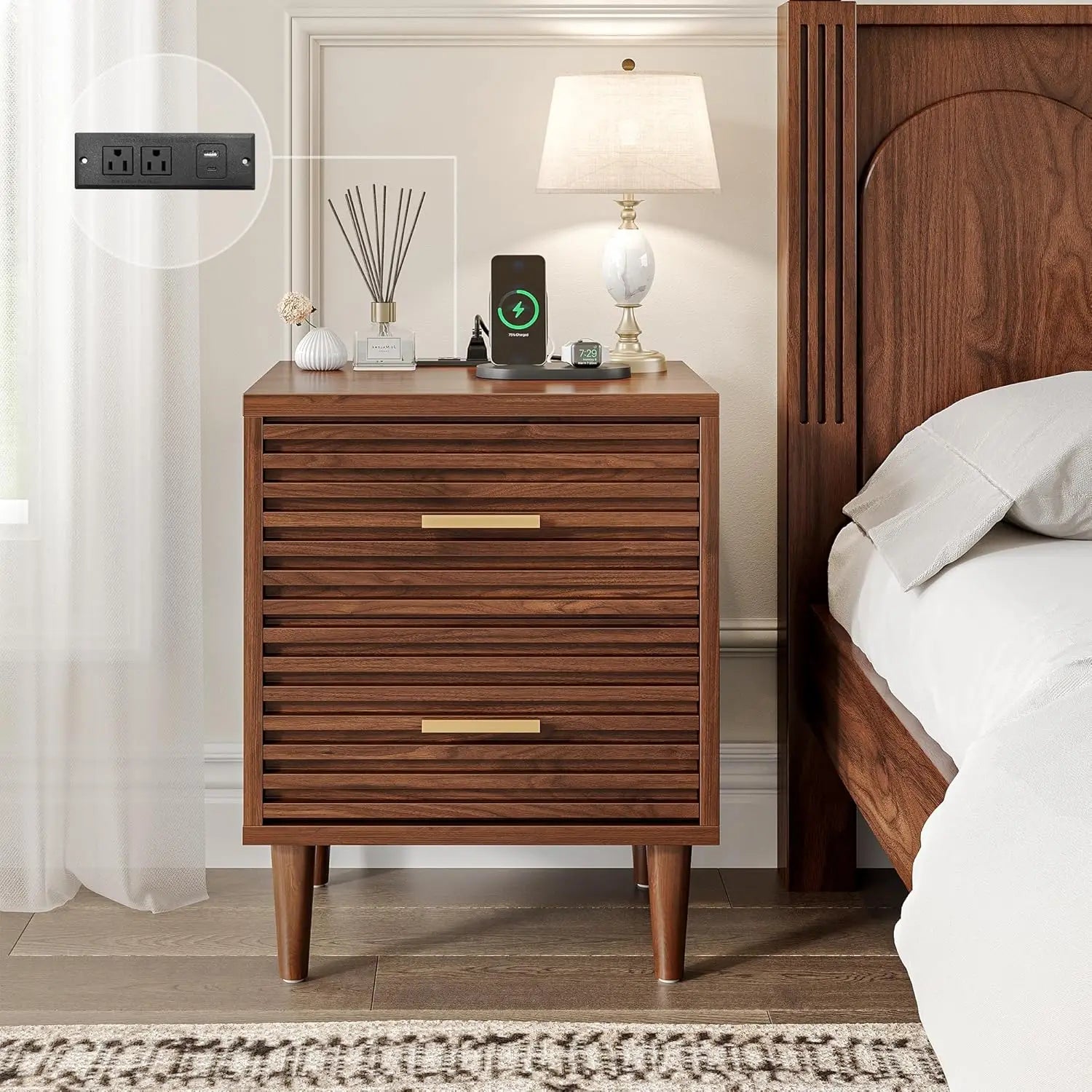 Night Stands with Charging Station, Mid Century Modern Nightstand, Fluted Bedside Table with Drawer, End Table Bed Side Tables