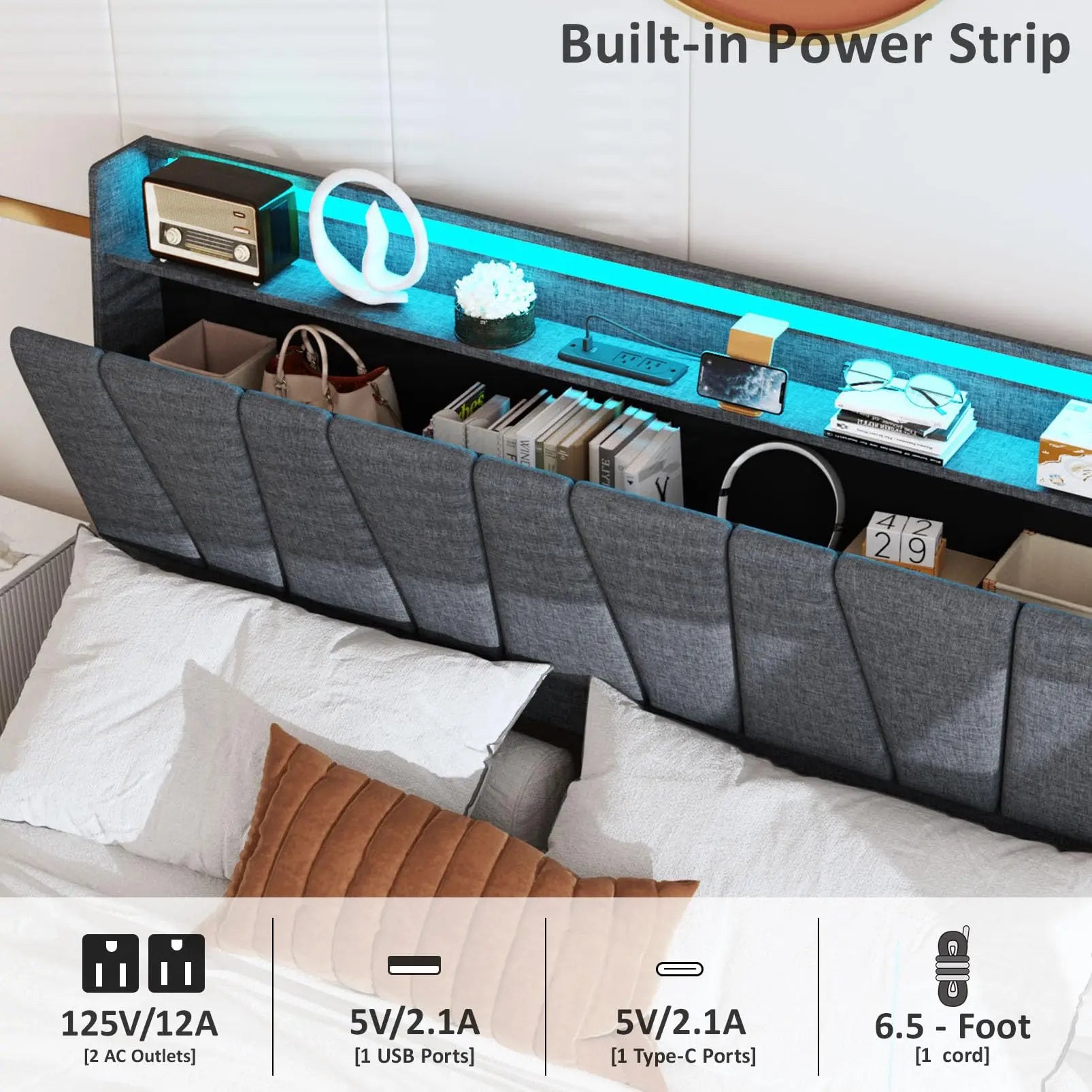 Vabches Queen Bed Frame with Storage Headboard&LED Lights Upholstered Platform Bed Frame with 3 Drawers&Power Outlet for Bedroom